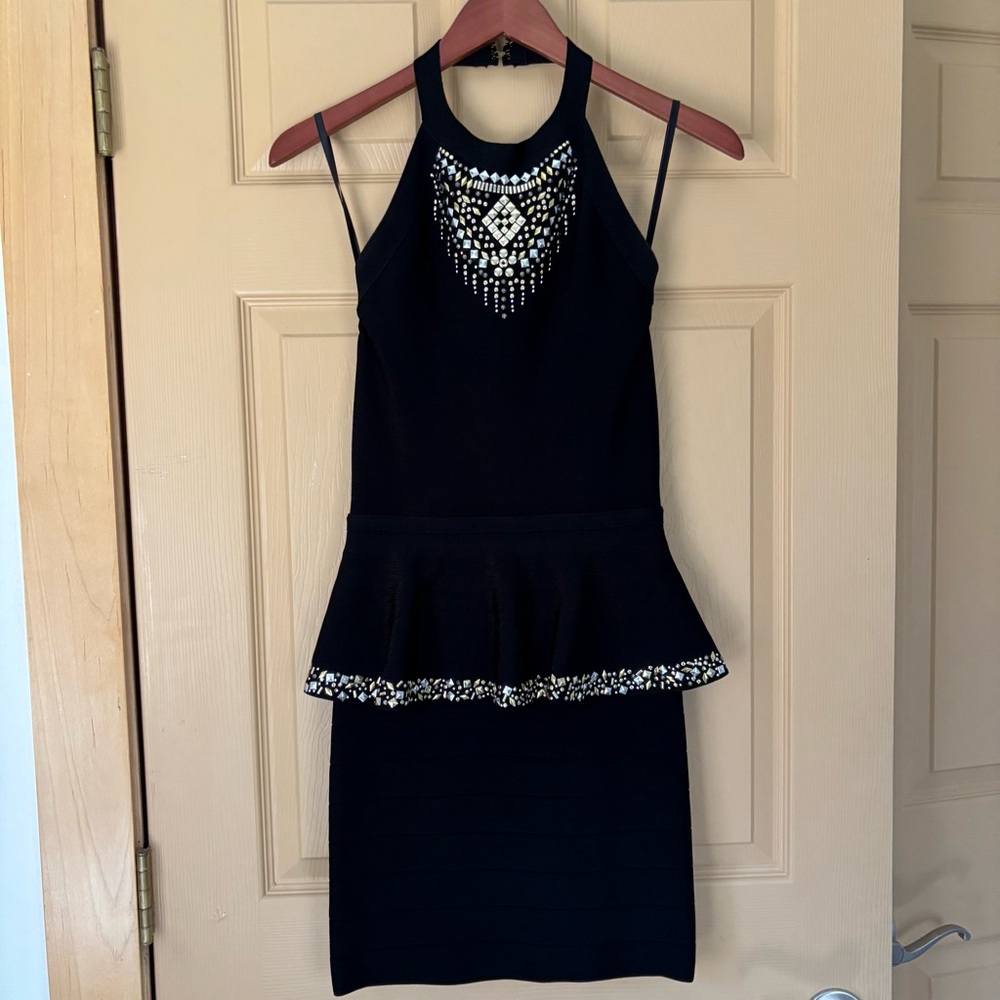 BEBE | Black Embellished Chic Bandage Peplum Halter Cocktail Mini Dress | Size S